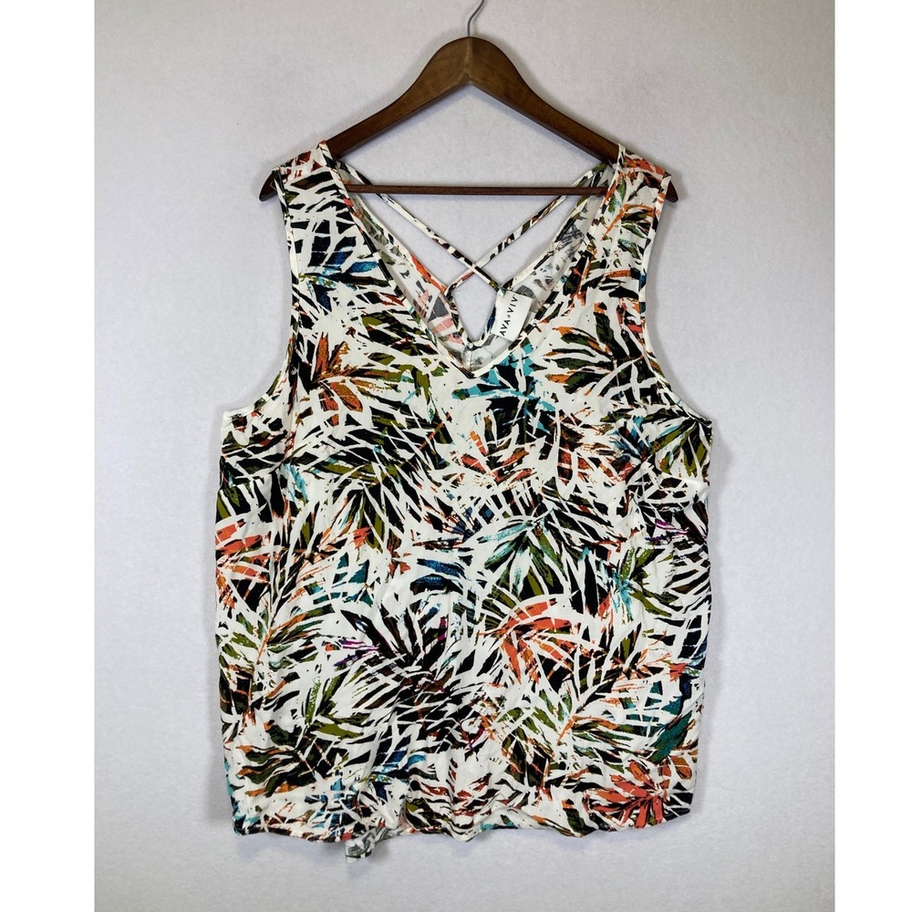 Tropical Boho Ava & Viv‎ Women 2X Multicolor Palm Leaf Strappy V-Neck Tank Top